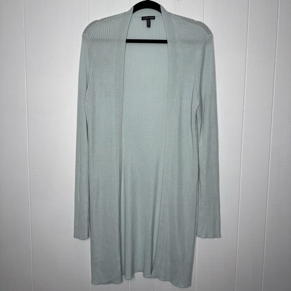 Eileen Fisher Women’s 100% Lyocell Ribbed Long Cardigan Open Front Light Blue XL